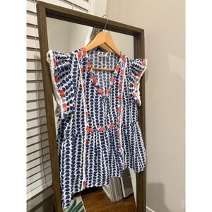 THML Women's M Blue White Abstract Circle 
 Embroidered Raw Trim V-Neck Top Sz M